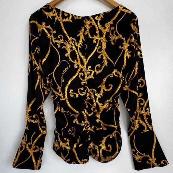 NWT Ganni Silk Stretch Blouse U-neck Gathered Fitted Black & Gold Baroque - Picture 4 of 16